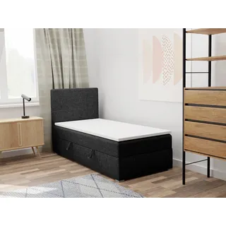 FEDVE Boxspringbett Einzelbett KOLORADO MINI mit Bettkästen Jugendbett mit Bonell-Matratze und Topper 90x200 Links - Schwarz
