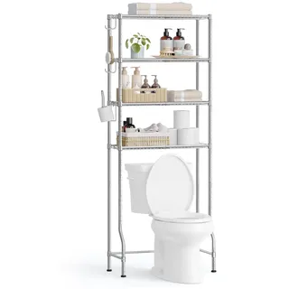 Songmics 4-stöckiges Toilettenregal, Badezimmerregal, Waschmaschinenregal, verstellbare Ablagen, mit Haken, Toilettenpapierhalter, platzsparend, 30 x 63 x 176 cm, Taubengrau BTS013G01