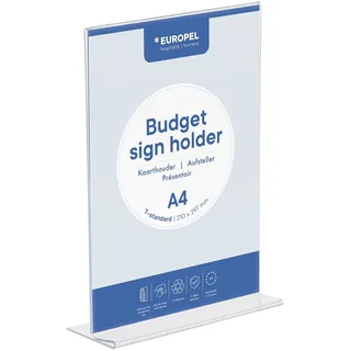 Europel Budget Tischaufsteller, T-Ständer, DIN A4 Hoch, Polystyrol 1,5 mm, Speisekarten- & Prospektständer für Restaurants, Hotels, Konferenz & Rezeption