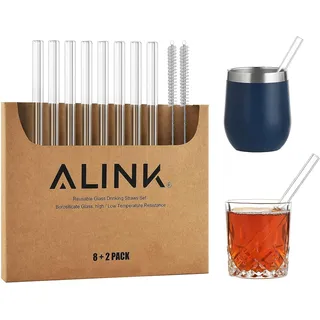 ALINK Glas Strohhalme Transparent Trinkhalm gerade 8 Stück 10mm x 15.2cm, Wiederverwendbare Glas Trinkhalme + 2 Reinigungsbürste,gesund, umweltschonend