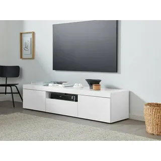 Dmora - TV-Ständer Valdo, niedriges Wohnzimmer-Kommode mit 3 Türen, TV-Ständer-Basis, 160x40x35 cm, glänzend weiß