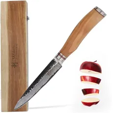 Wakoli Olive HS Damastmesser Allzweckmesser & Universalmesser I 12,5cm Klinge gefertigt aus 67 Lagen edlem Damaststahl mit Olivenholzgriff und Hammerschlag I Premium Küchenmesser in edler Holzbox