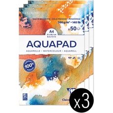 Clairefontaine 975721C - Packung mit 3 Aquarellblöcken Goldline Aquapad A4 geleimt, 50 Blatt weiß 300g, mittlere Körnung, 1 Pack