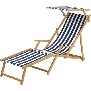 Holz-Liegestuhl Gartenliege mit viel Zubehör nach Wahl Stofffarbe blau-weiß V-10-317N - Blau, Weiß