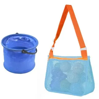 Ibenzoa® Faltbares Strand- und Spielset für Kinder – 2 Netztaschen 8×25×20 cm + faltbarer Eimer 14×14×0,5 cm, Mesh/Polyester, Silikon & Kunststoff - Blau