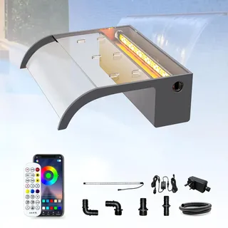 LONGRUN 30cm Teich Wasserfall Klingen Set, Acryl Gebogener Wasserfall Überlauf, Außenpool Brunnen mit 7 Farben Bluetooth LED Lichtern und Fernbedienung, Breite 26cm