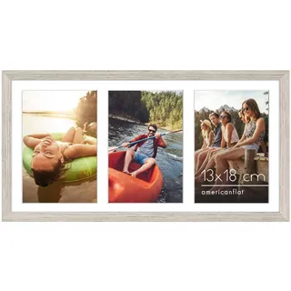 Americanflat Bilderrahmen Collage 13x18 cm Treibholz - Bilderrahmen 20x41 cm mit Passepartout für drei 13x18 cm Fotos - Fotorahmen für Mehrere Bilder der Familie - Verbundholz mit Bruchsicherem Glas