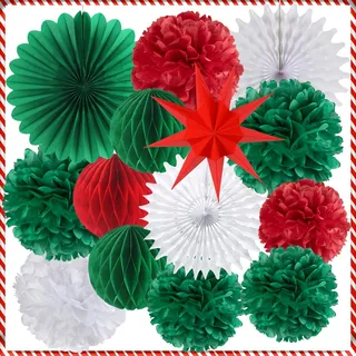 SUNBEAUTY 14 Stück Weihnachten deko Set Hängende Christmas Party deko enthält Papier Wabenbälle deko Seidenpapier Pompom Papier Fächer Neuneck stern Deko (Rot & Grün & Weiß)