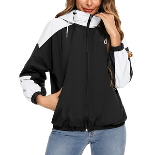 Doaraha Damen Regenjacke Wasserdicht Übergangsjacke Parka Windbreaker Leichte Kurze Regenmantel mit Atmungsaktiv Futter und Kapuze Winddicht Fahrradjacker Sportjacke Outdoorjacke Schwarz-Weiß, L