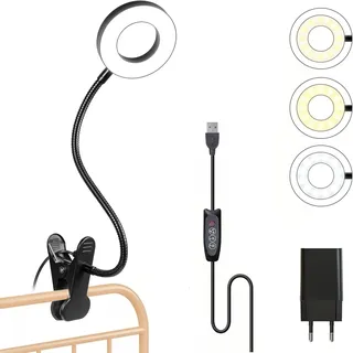 Foneso Klemme Lampe, 48 LEDs Dimmbare Leselampe Bett | 3 Modi und Stufe 10 Dimmen, 360° Flexibel USB Lampe für Lesen, Reisen, Büro (mit 5V/2A Einzelport-USB-Ladegerät)