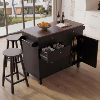 Kücheninsel HWC-P62 mit 2 Sitzhockern, Küchenschrank Schublade Staufächer MDF 90x131x47cm  schwarz, dunkles Holz - Schwarz