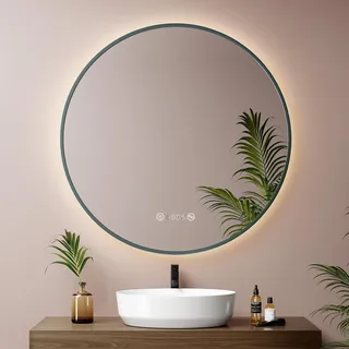 EMKE Runder Badspiegel mit Beleuchtung ф80cm, dunkelgrün, dimmbar, beschlagfrei, Uhr, Temperaturanzeige, Badspiegel rund mit neutralem Licht, Badezimmerspiegel mit Beleuchtung