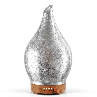 Porseme Aroma Diffuser 150ml,Handgeblasen Glas Luftbefeuchter, Ultraschall Aromatherapie Öle Diffusor mit 7 farbigem LED Licht, Diffusor für Ätherische Öle mit Timer BPA Frei für Wohnung(Silverplated)