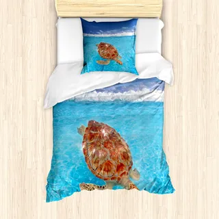 ABAKUHAUS Schildkröte Mantele, Chelonia Wasseroberfläche, Milbensicher Allergiker geeignet mit Kissenbezügen, 135 cm x 200 cm - 80 x 80 cm, Violet Blue Pale Brown
