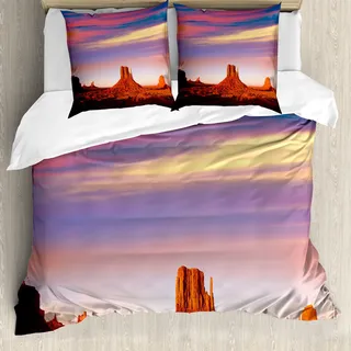 ABAKUHAUS Vereinigte Staaten Bettbezug, Monumenttal, Milbensicher Allergiker geeignet mit Kissenbezügen, 155 cm x 220 cm - 80 x 80 cm, Dark Orange-Rosa-Blau - Schwarz