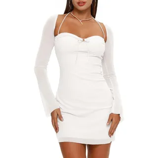 XLLAIS Damen Lange Puffärmel Mini Bodycon Mesh Kleid Split Hem Sexy Party Clubwear, White1, Klein