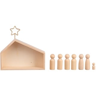 Rayher Holz Krippe mit Figuren, Holz FSC zertifiziert, 22 x 5,6 x 21,5 cm, 9teilig, moderne kleine Krippe zum individuellen Bemalen, 64539505, Natur