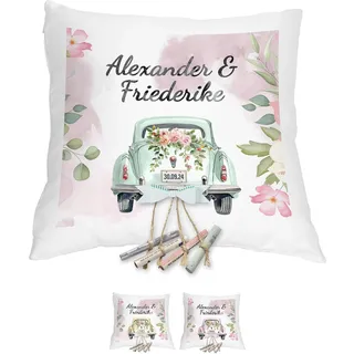 Personalisierbares Kissen als Geldgeschenk Hochzeit | Originelle Hochzeitsgeschenke für das Brautpaar | 40x40cm Hochzeitskissen mit Füllung | Motiv mit Hochzeitsauto Aquarell Wasserfarben