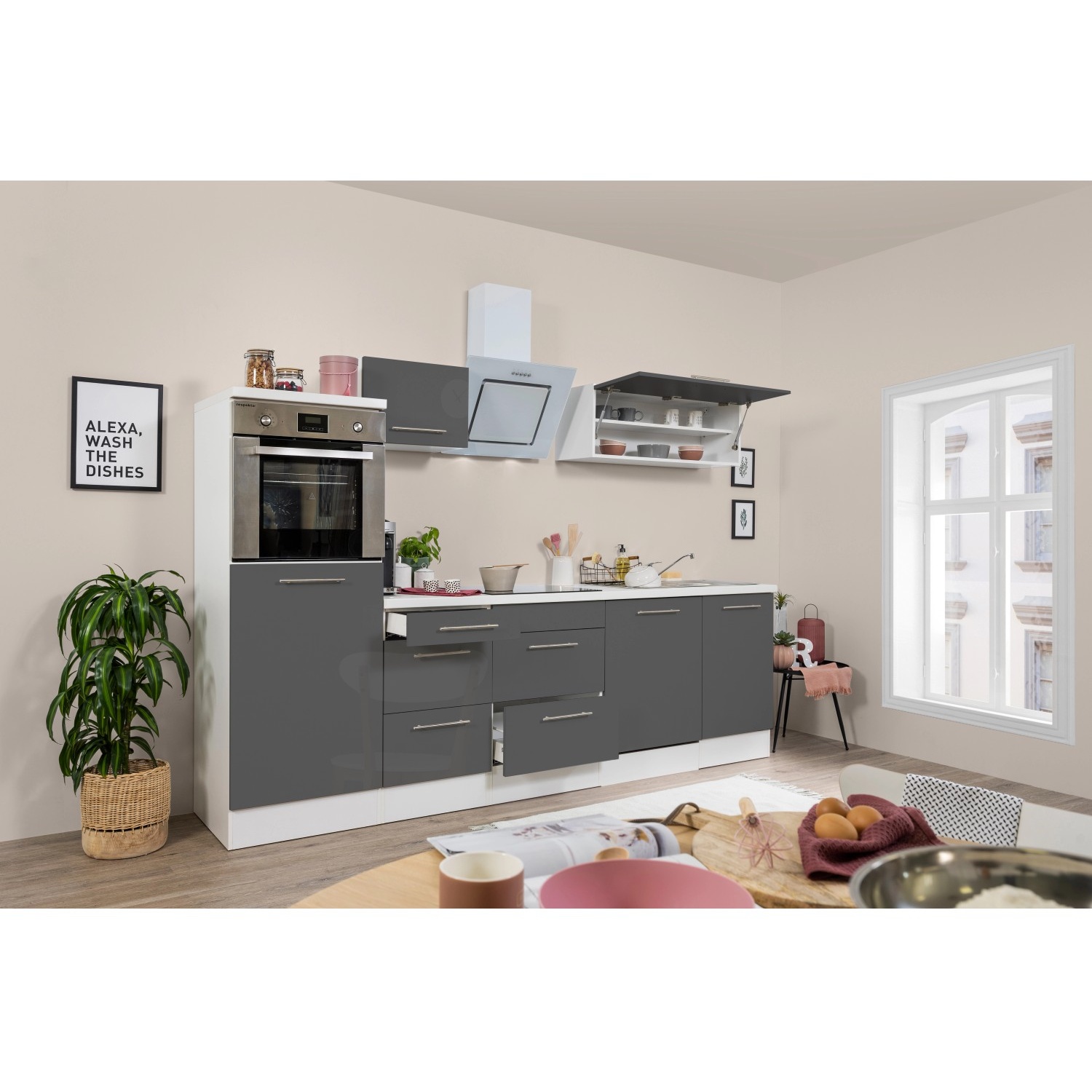 Bild von Premium Küchenzeile mit Geräten 280 cm Grau Hochglanz/Weiß