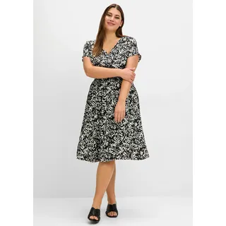 Sommerkleid SHEEGO "Sommerkleid", Damen, Gr. 54, Normalgrößen, schwarz (schwarz bedruckt), 100% Viskose, bedruckt, gemustert, wadenlang, V-Ausschnitt, Kleider Sommerkleid