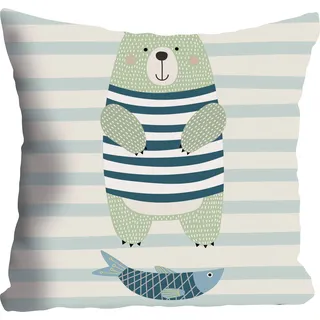 Dekokissen QUEENCE "Bär & Fisch", blau (altweiß, hellblau, blau, hellgrün, bedruckt gestreift), B:40cm L:40cm, Polyester, Dekokissen_Sitzkissen_Kissenhüllen, Dekokissen, Kissenhülle ohne Füllung, 1 Stück