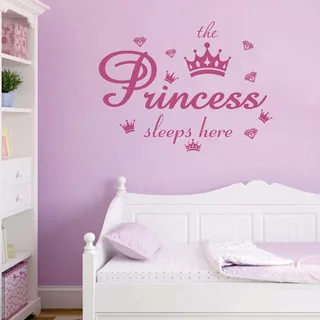 Vinyl Wandtattoos Zitat Die Prinzessin schläft hier Rosa Krone Diamant Wandaufkleber Abnehmbare DIY Kunst Worte Wandtapete Dekor für Mädchen Kinderzimmer Kinderzimmer Home Decoration