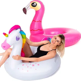 JOYIN 2 Pack Aufblasbare Einhorn und Flamingo Luftmatratze mit Glitzer, Pool Float, Schwimmtier Luftmatratze, Strand Schwimmbad Spielzeug, Sommer-Party Dekoration für Kinder (102 x 99 cm)