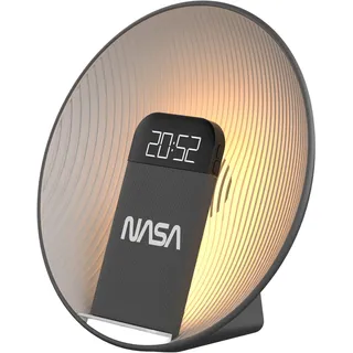 NASA Wecker SPC600 – Radiowecker, Bluetooth-Lautsprecher, kabelloses Laden 15 W Qi, Doppelalarm, Wecker, LED, Lithium-Akku, Lautsprecher 5 W RMS – Grau