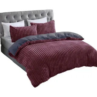 Doubleface Fleece Bettwäsche aus Polyester Wendebettwäsche Kissen- und Deckenbezug Anthrazit-Bordeaux 200x200 cm
