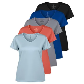 Real Essentials Damen Sport-T-Shirt, kurzärmelig, V-Ausschnitt, Dry-Fit feuchtigkeitsableitendes Yoga-Top (erhältlich in großen Größen), 5er-Pack