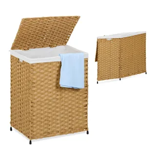 Relaxdays Wäschekorb mit Deckel, Rattan-Optik, 90 l, HBT: 60x46x34 cm, Wäschebehälter geflochten, braun/beige