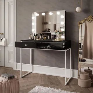 Schminktisch BLANCO LOFT ELITE mit Spiegel und Beleuchtung Weiß / Schwarz hochglanz Griff- weißes Kristall