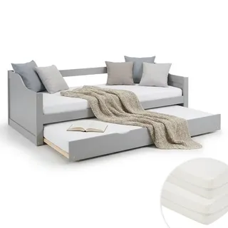 Homestyle4u Ausziehbett mit Matratze 90/200 cm Grau , Holz , Kiefer , 90x200 cm , Schlafzimmer, Betten