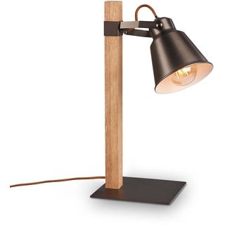 Briloner Leuchten – Retro Tischlampe verstellbar, Vintage Tischleuchte mit Kabelschalter, Retro Lampe E27 Fassung, 170x466x200 mm (BxTxH), Antik-Grau/Holz-Dunkel, 7406-014