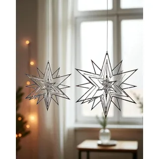 CULT at home Deko Sterne zum Aufhängen – 2tlg Set 3D Sterne Deko Ø 13/23 cm Metall Silber – Stern für Fenster Weihnachten Spiegeleffekt – Adventsdeko Weihnachtsdeko Tannenbaumschmuck hängend