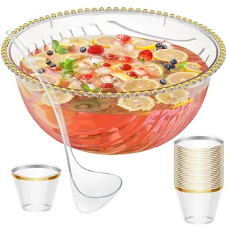 NiHome Kunststoff-Bowle mit Kelle und Zange für Partys, Hochzeiten, Grillfeste – 5,3-Liter-Servierschale mit Goldrand, transparent, Komplettset für Cocktails (1 Pack enthält 25 Becher)