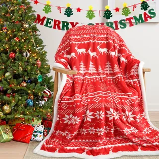 Homcomodar Weihnachtsdecke Kuscheldecke Flauschig Fleecedecke 130x150cm Weiche Sofadecke Weihnachtsbaum Schnee Hirsch Überwurf Warme Couchdecke Wohndecke für Sofa Weihnachtsdeko, Weihnachten Rot