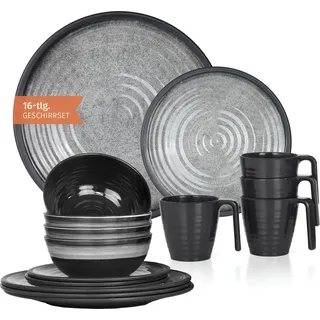 Melamin Camping Geschirr Set 4 Personen Stone Grey + 4 Tassen Stone Kaffetassen Becher Tafelgeschirr Picknick BBQ Kochgeschirr - Grau