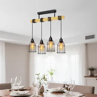 LVWIT Deckenlampe Esszimmer Hängend 4 Flammig Hängelampe Esstisch Schwarz, Küchenlampe Hängend E27, Lampe Wohnzimmer Hängeleuchte, Deckenleuchte Holz Schwarz Hängend für Kücheninsel Flur, Restaurant