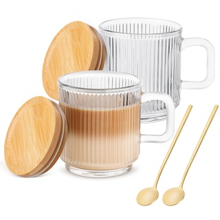 Cappuccino Gläser mit Henkel 2er Set, 350ML Latte Macchiato Gläser mit Deckel und Löffel, Vintage vertikale Streifen klare kaffeegläser, Teegläser Coffee Cup für Cappuccino, Latte, Getränke