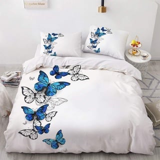 Luowei Schmetterling Bettwäsche 200x200cm Blau Weiß Butterfly Muster Bettbezug Set Microfaser Wendebettwäsche mit Reißverschluss und 2 Kissenbezüge 80 x 80 cm