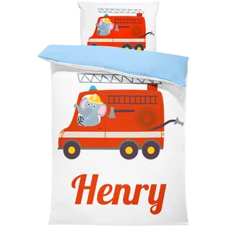 Pictogogo Personalisierte Baby Bettwäsche mit Feuerwehr-Motiv, Wählbare Unterfarbe aus Baumwolle, Bettwäsche Mit Namen, Babybett Komplett Set Mit Reißverschluss (Feuerwehr, 100 x 135 cm)