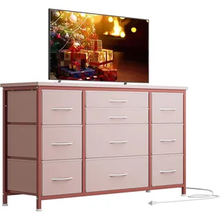 Zstar Kommode für Schlafzimmer Mit 10 Schubladen, Metallrahmen TV Schrank Aus Stoff Mit 3 Steckdosen, Moderne Dekoration Holztischplatte Kommode für Schlafzimmer,Wohnzimmer,120 x 39 x 70cm,Rose