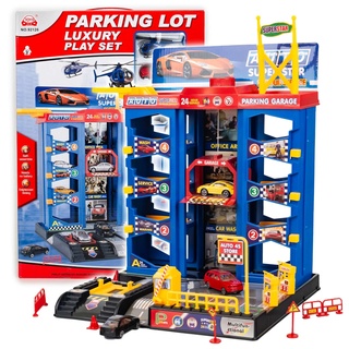 CELMAN Parkgarage Spielset für Kinder - Multifunktionale Spielzeugauto Parkhaus mit Aufzug und Werkstatt inkl. 3 Metall Autos, Helikopter und Zubehör, Spielzeug für Kinder ab 3 4 5 6 7 8 Jahren