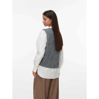 Strickweste VERO MODA "VMNOVAH SL O-NECK BUTTON VEST NOOS", Damen, Gr. M, grau (dunkelgrau melange), Strick, Obermaterial: 70% Polyester, 21% Nylon, 8% Wolle, 1% Elasthan, unifarben, loose fit normal, Rundhals, Westen Strickweste, Materialmix, loose fit
