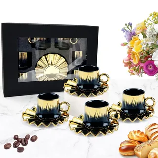 12-teiliges türkisches Kaffeetassen-Set mit Untertassen, 100 ml Keramik-Espressotassen, Goldrand, schwarzes Design, stapelbare Porzellantassen, Service für 6 Personen, spülmaschinengeeignet