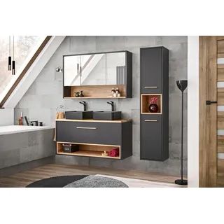 Easy4You Set Grau/Eiche Artisan: Unterschrank BC 120 cm mit Schublade und Ablage + 2x Seitenschrank Hängeschrank 36x170 cm Badschrank Badezimmerschrank Soft-Close Badmöbel-Set - Grau