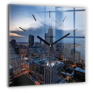 Wallfluent Große Wanduhr – Stilles Quarzuhrwerk - Uhr Dekoration Wohnzimmer Schlafzimmer Küche - Zifferblatt mit Striche - schwarze Zeiger - 60x60 cm - Foto von Chicago - Blau