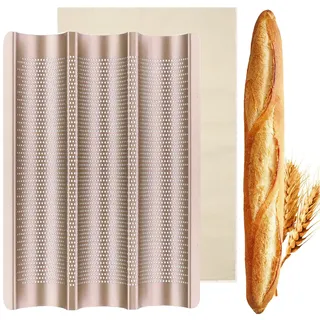 QIYILE Baguette Backform, Baguetteblech Baguetteform für 3 Baguettes Stahl Brotbackform mit Bäckerleinen Antihaftbeschichtung Baguette Backblech Brot Backen Zubehör, 38.5X27.5CM