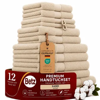 Betz Premium Handtuch-Set 12-teilig – 100% Baumwolle – Oeko-TEX® Zertifiziert – extra saugfähig & weich – hohe Grammatur – Duschtücher, Handtücher, Gästetücher & Waschhandschuhe - Farbe Sand
